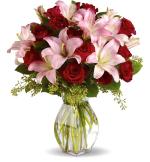 Anniversary bouquet with red roses and asiatic lilies