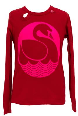 red t-shirt with pink print